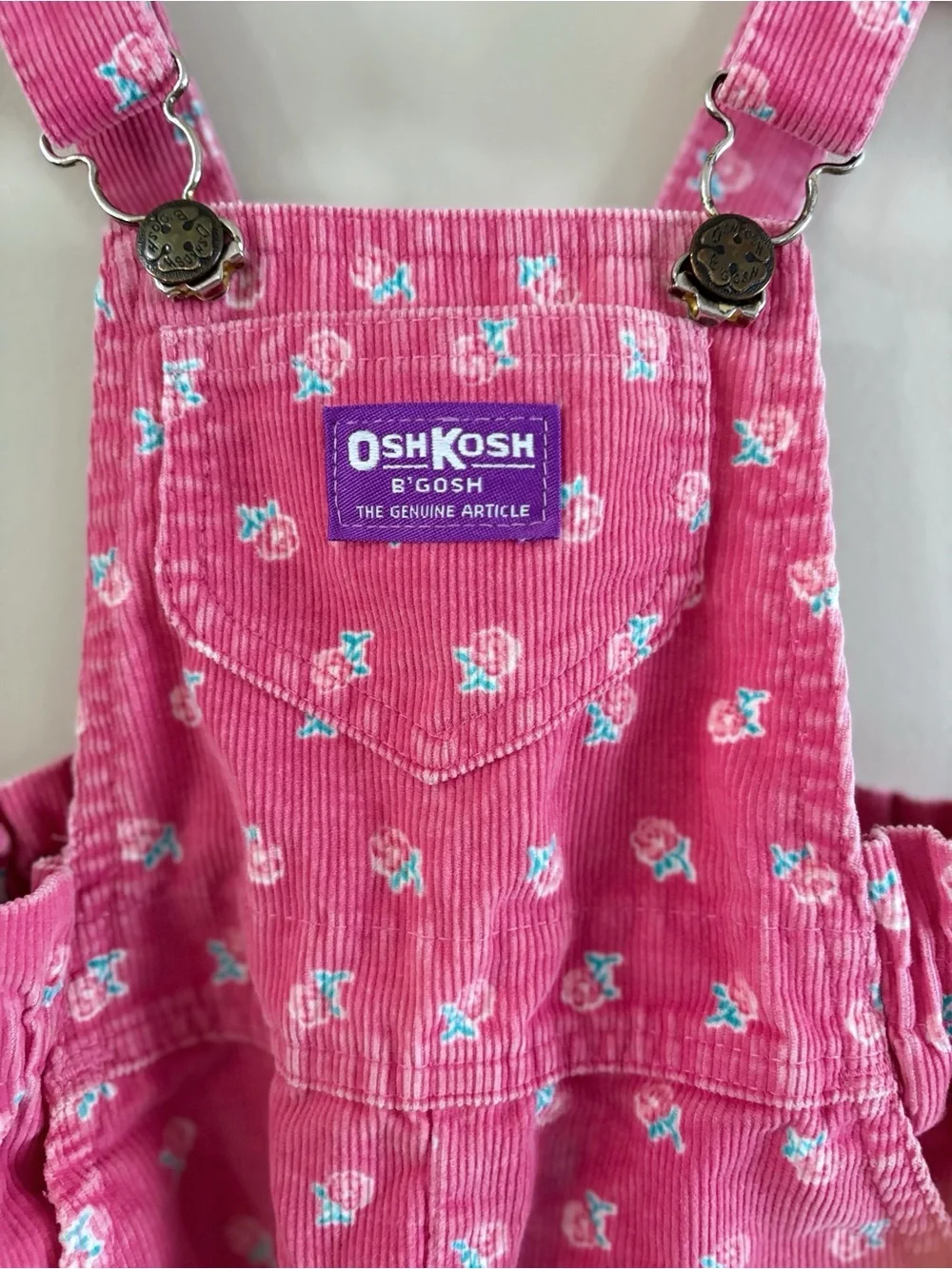 OshKosh B'gosh Vintage Girls Pink Floral Corduroy Overalls Sz 4 Cottage Kidcore